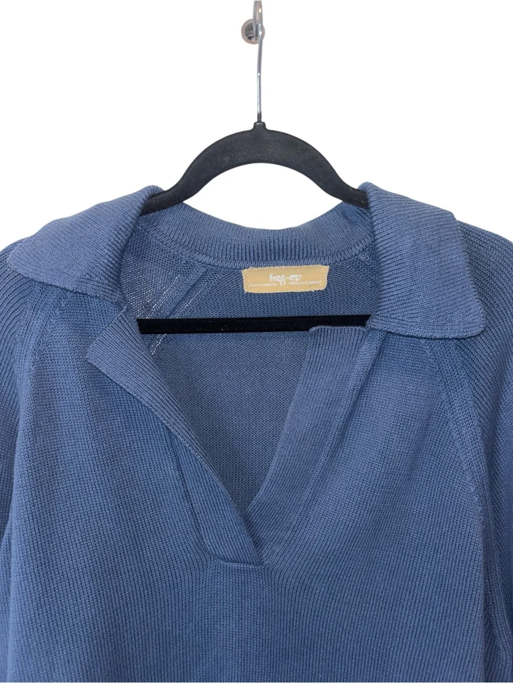Free People Free-Est Beach Drea Sweater Rib Knit Polo Pullover Navy Blue Size S